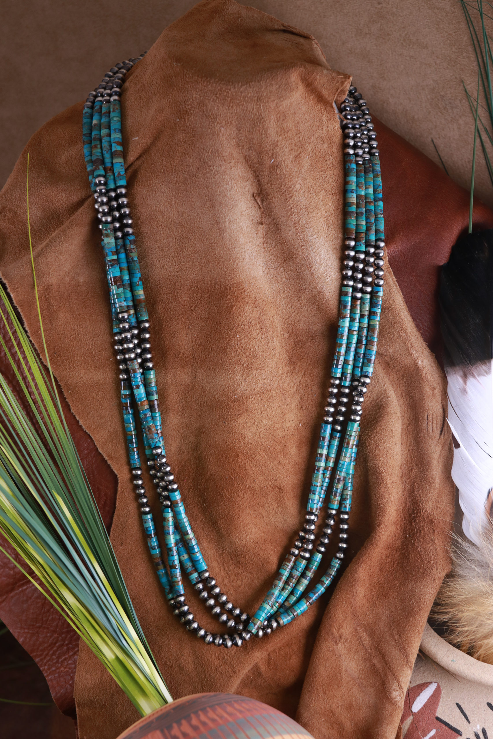 Native American Gorgeous Vintage Santo Domingo Royston Turquoise Triple Strand Necklace Native American Gorgeous Vintage Santo Domingo Royston Turquoise Triple Strand Necklace