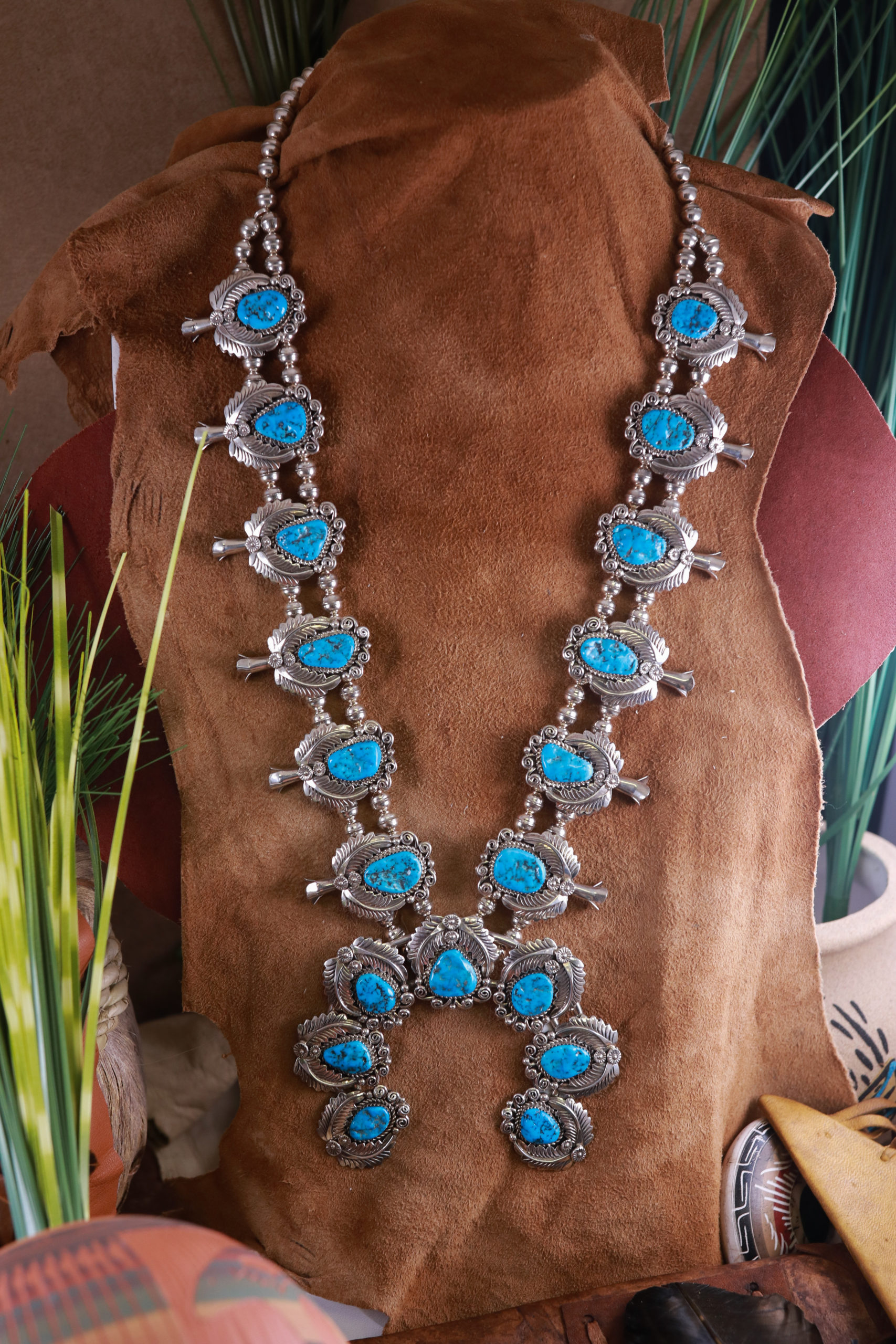 Native American Sleeping Beauty Turquoise Squash Blossom Necklace