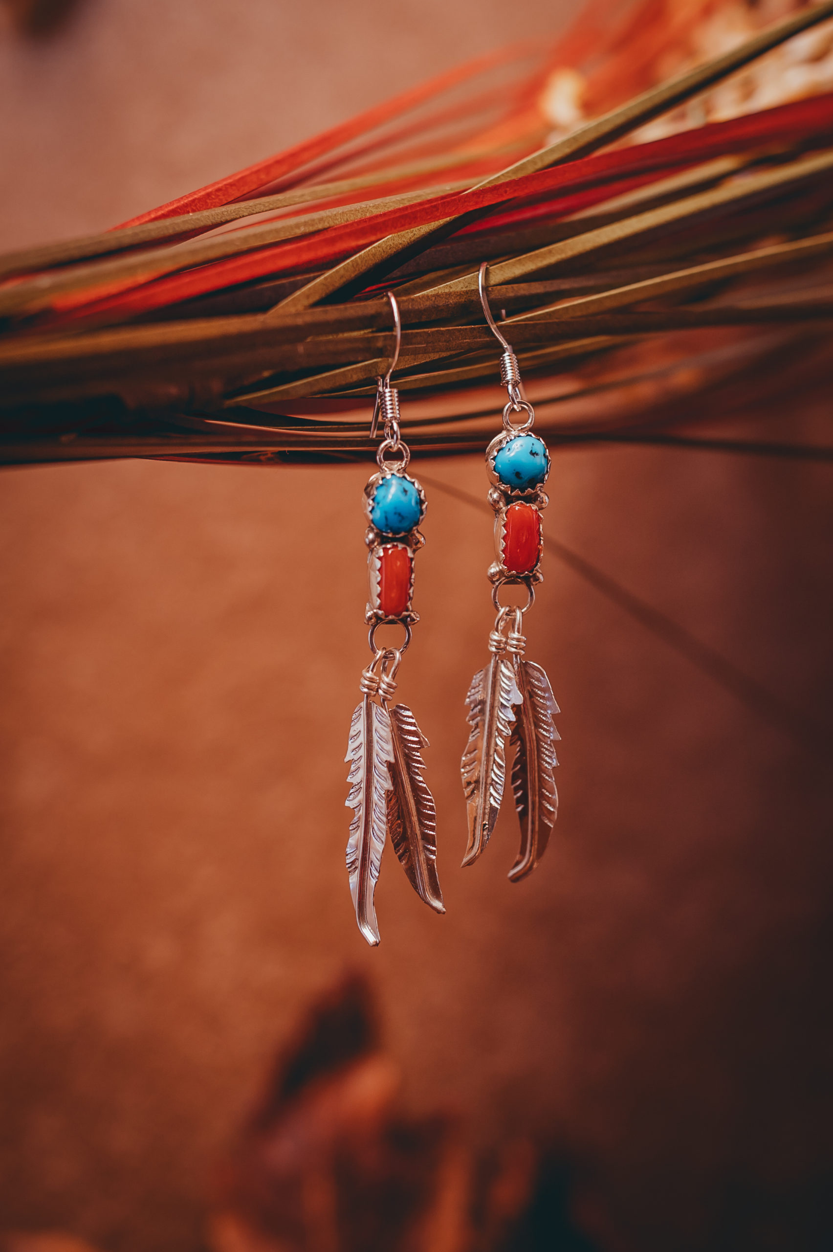 Feather with Arrows in Red and Orange Earrings Feather with Arrows in Red and Orange Earrings