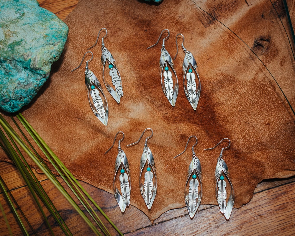 Sterling Silver Feather Wind Earrings with Natural Turquoise – Shop COWGIRL