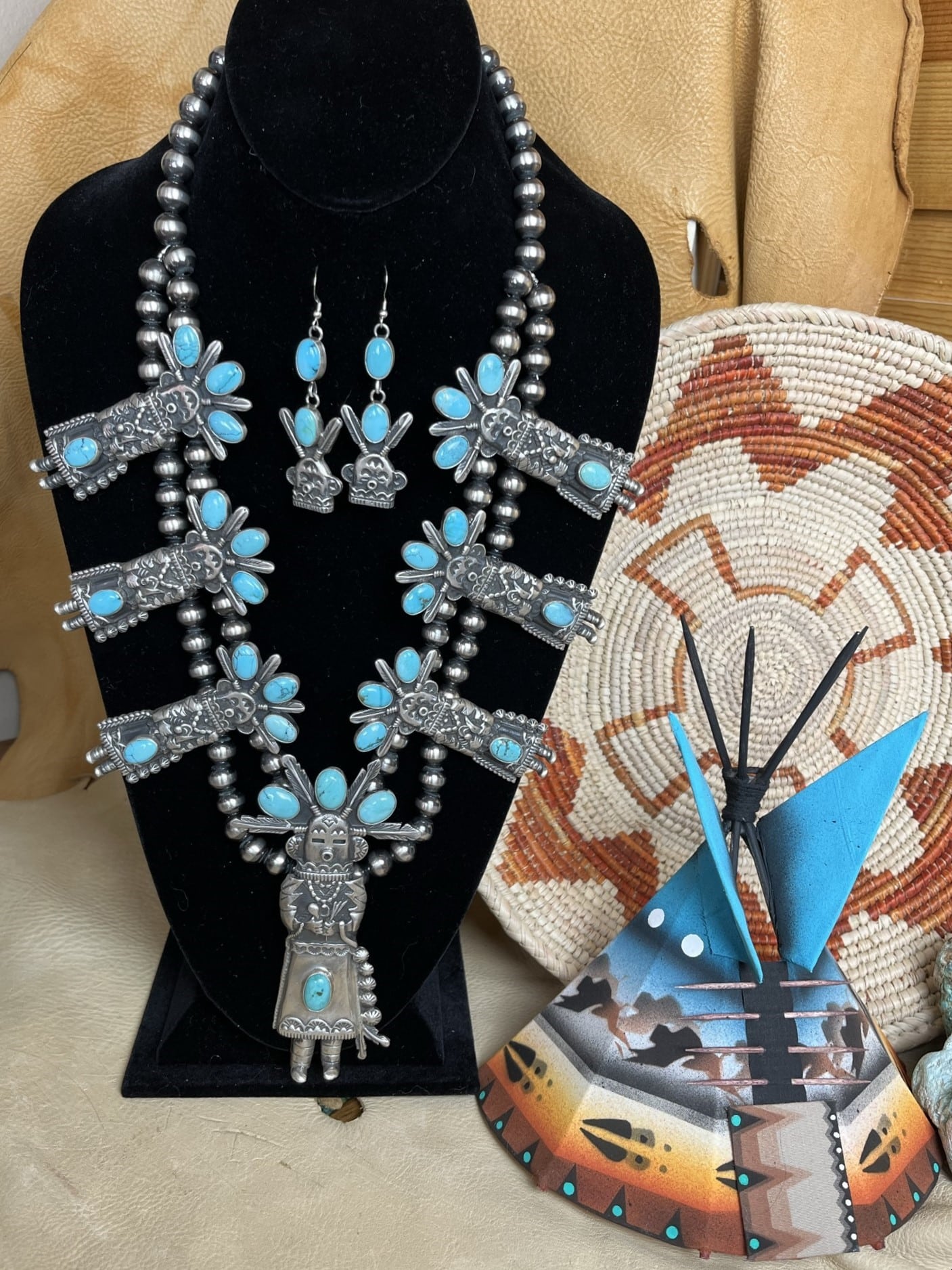 Vintage Morenci Turquoise Necklace And Earring Set, c. 1930's