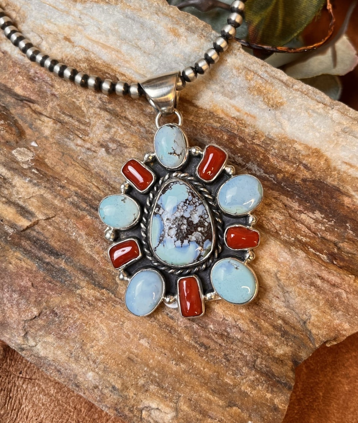 Phenomenal Vintage Native American Navajo Kingman Turquoise Coral Necklace Phenomenal Vintage Native American Navajo Kingman Turquoise Coral Necklace