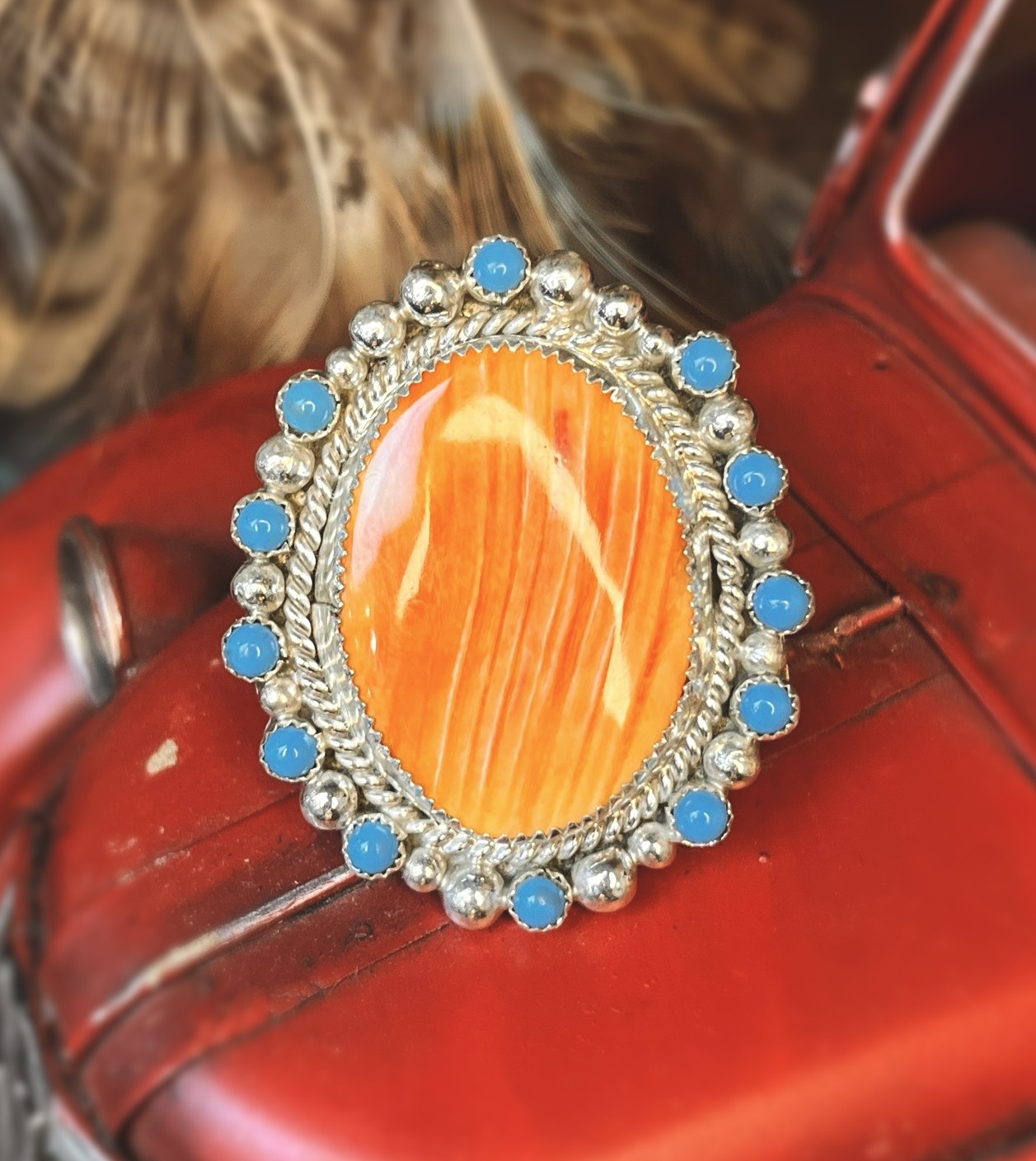 Sleeping Beauty Turquoise and Spiney Oyster Ring Sz. 8.5 Native