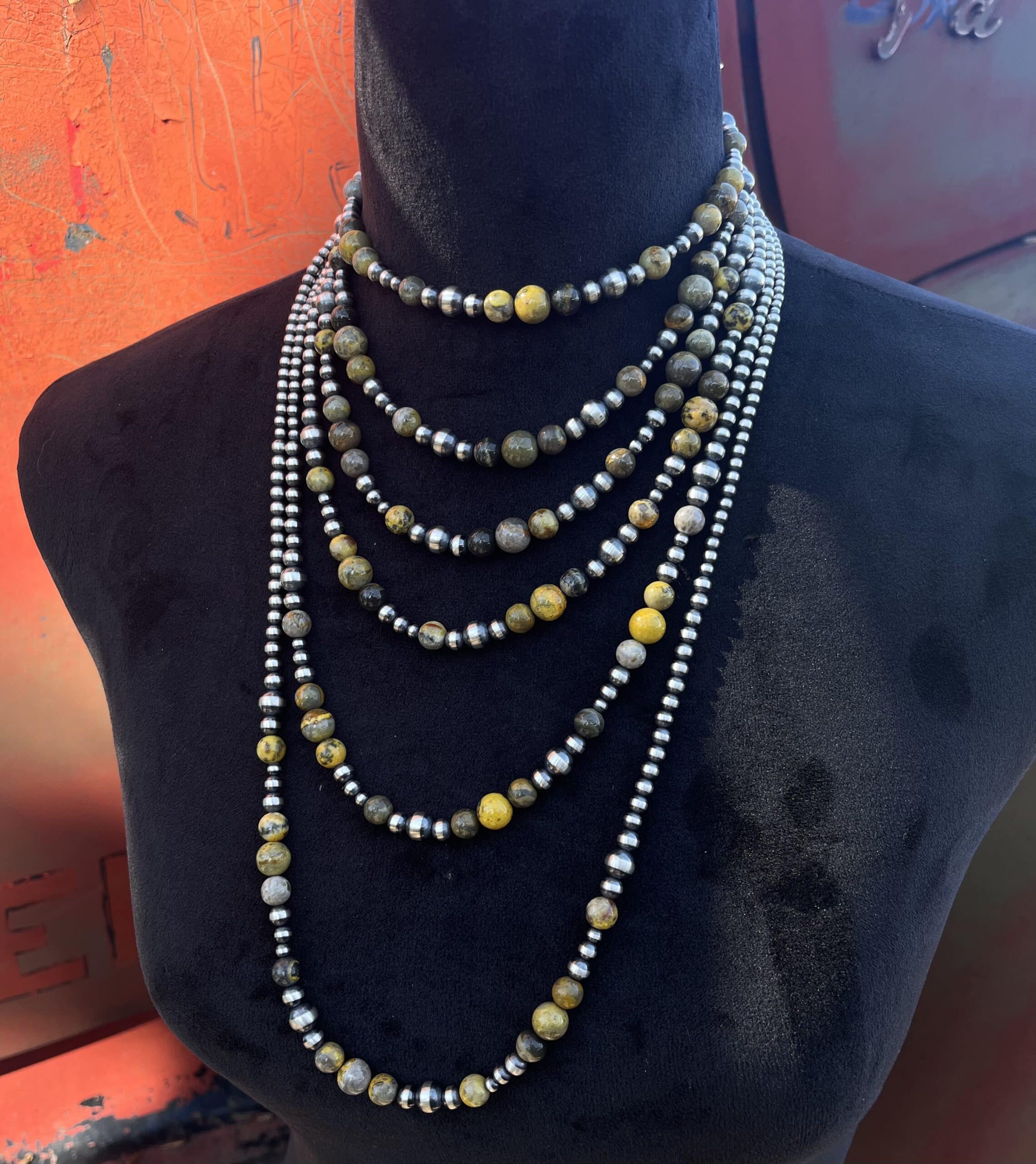 Navajo Pearl Necklace with Bumble Bee Jasper - Native Navajo Pearl Necklace with Bumble Bee Jasper - Native