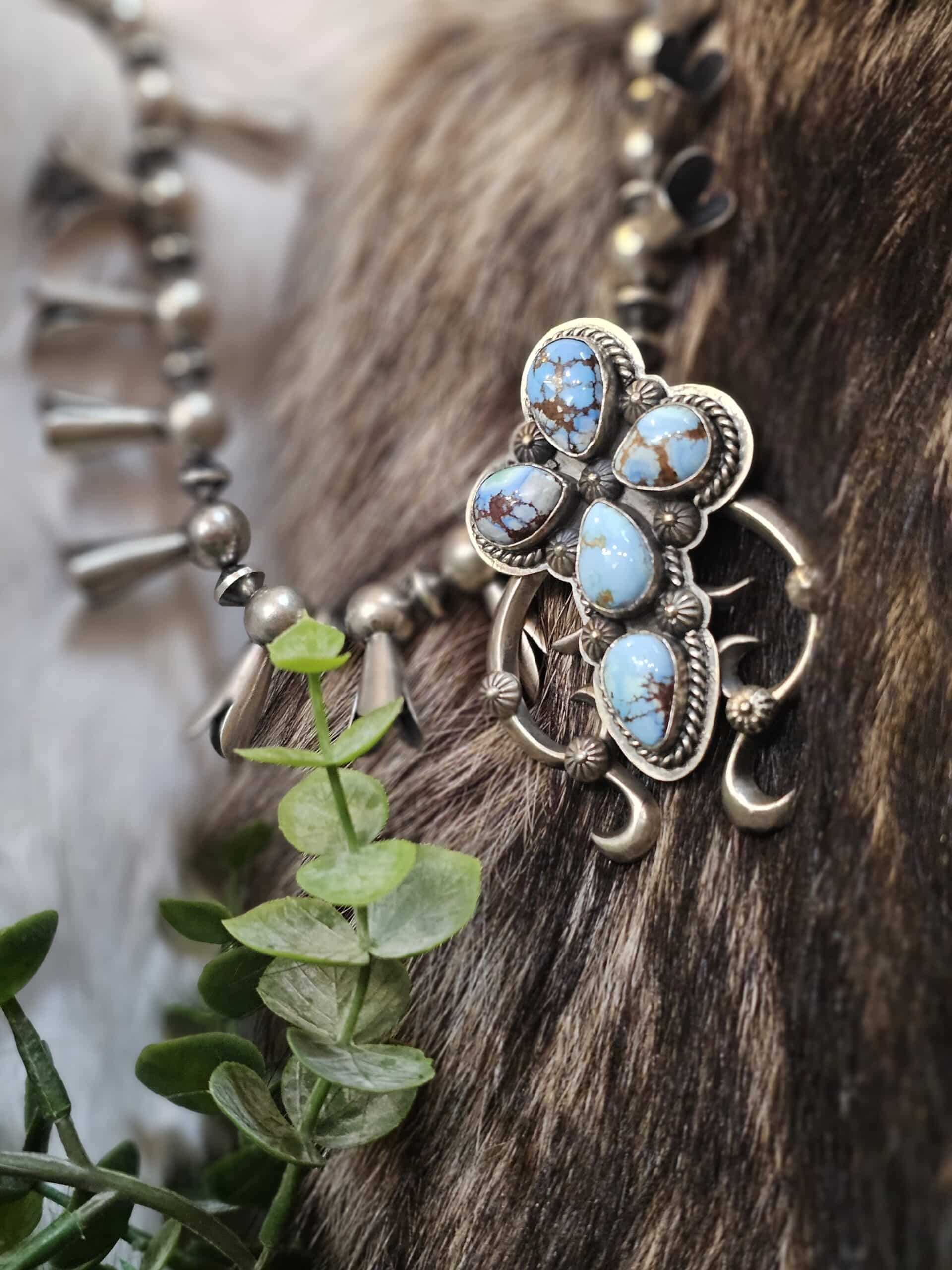 Glorious Vintage Native American Navajo Royston Turquoise Sterling Silver Squashblossom Necklace Glorious Vintage Native American Navajo Royston Turquoise Sterling Silver Squashblossom Necklace